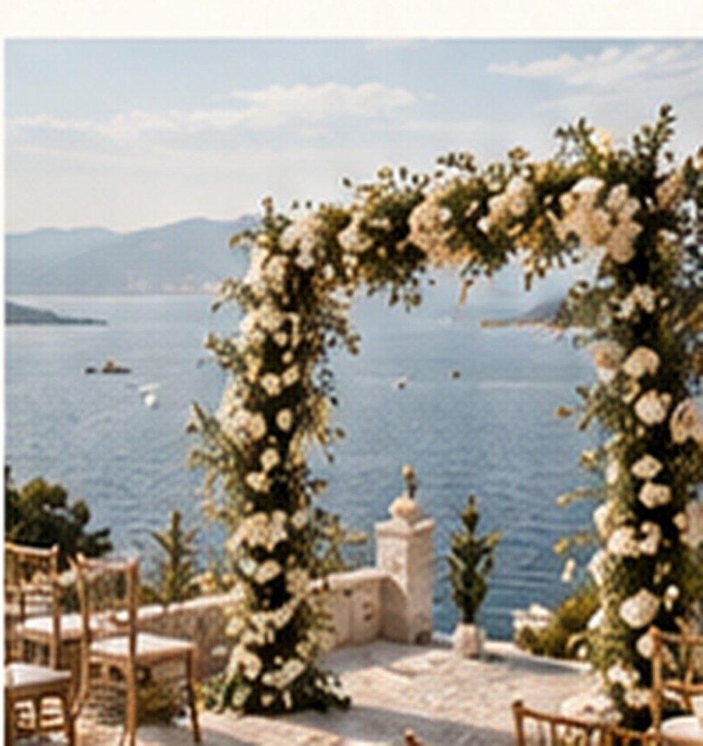 Sea-view wedding ceremony with white flowers and Mediterranean scenery