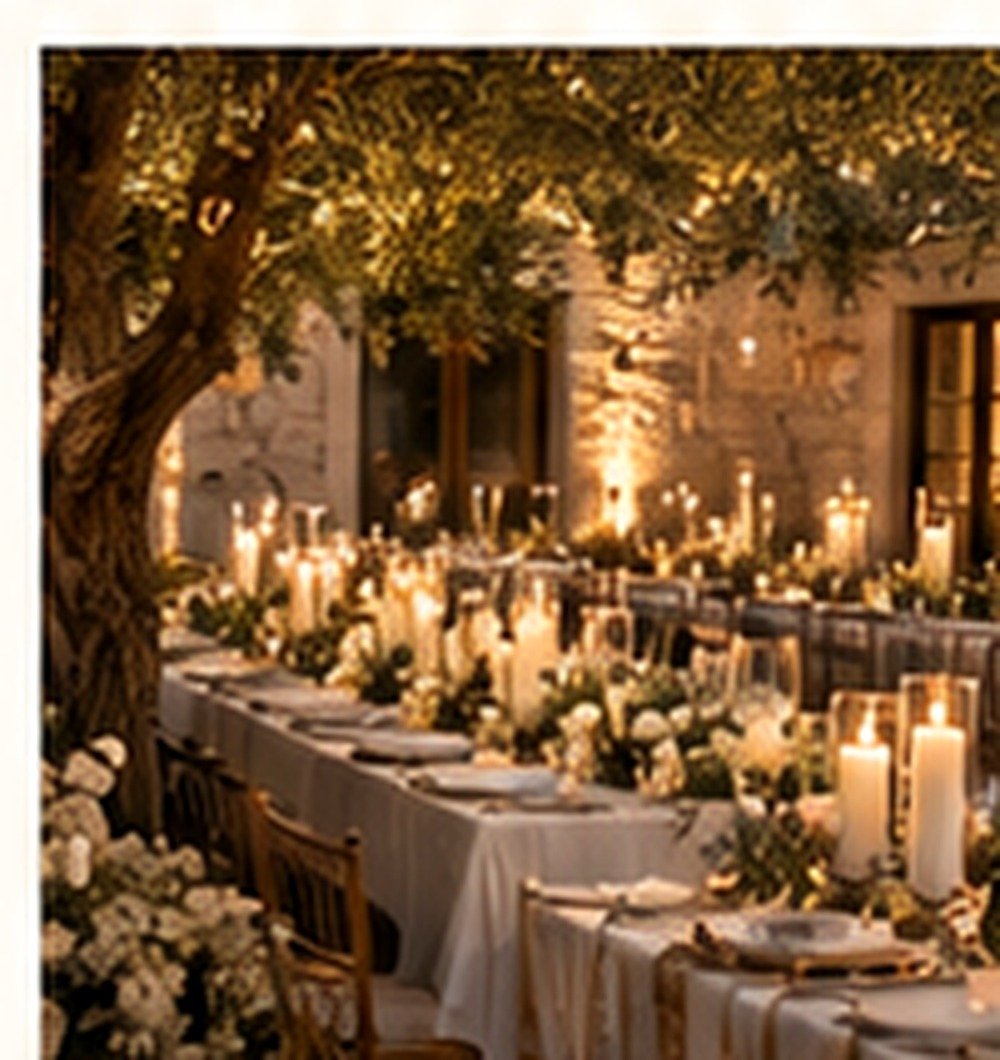 Elegant candlelit wedding dinner in a Mediterranean garden